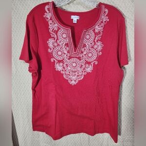 Rebecca Malone Red Short Sleeve Tshirt White Embroidery Women's XL